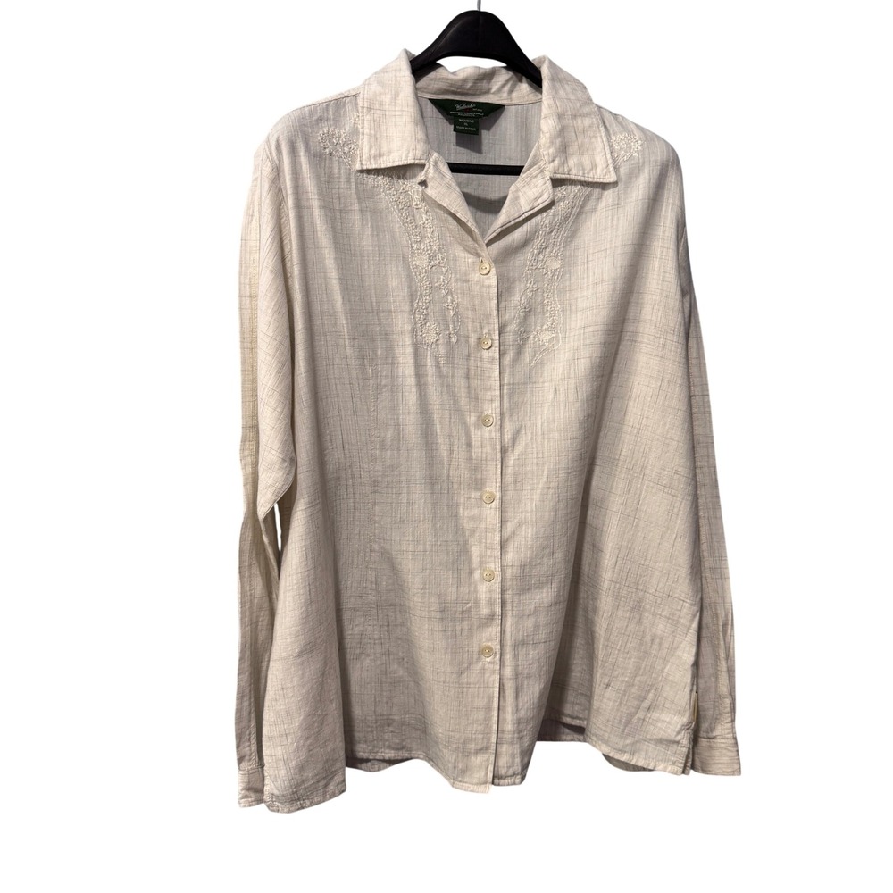 Woolrich Womens XL Button Down Shirt Ecru Cotton Embroidered Slub Long Sleeve